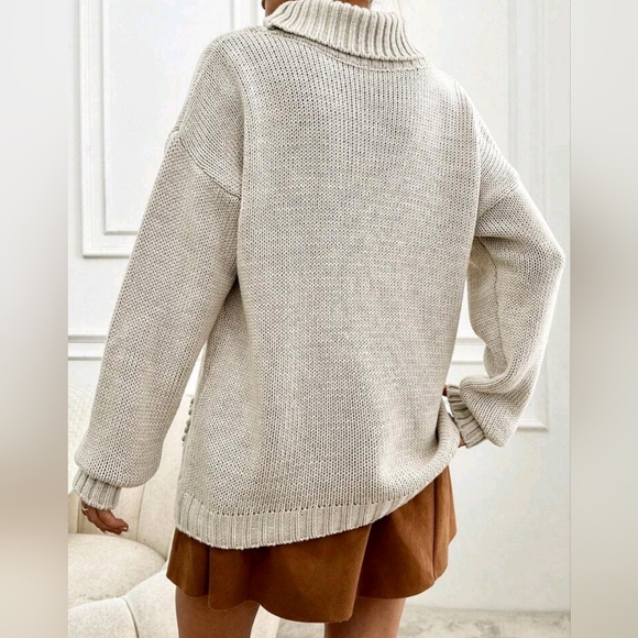 New Chic Knit Textured Heart Turtleneck Sweater Top Beige Tan - Picture 4 of 7